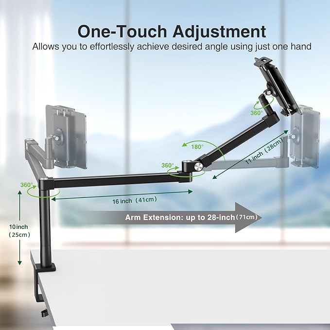 elitehood 28in Long Arm iPad Desk Mount, Heavy Duty Aluminum Tablet Arm Mount for Desk Bed Sofa, Compatible with iPad Pro 13/12.9 Air Mini, iPhone, Portable Monitor and 4.7-13in Tablets