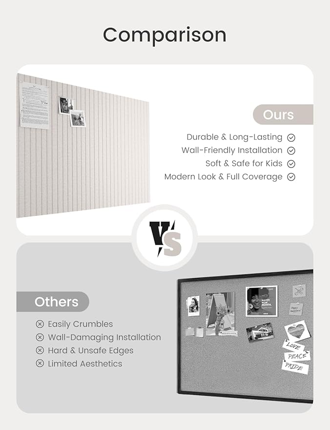 Bumusty Large Cork Board Alternative-47 x35 Felt Bulletin Board Tiles, with 30 Pushpins, 70 Adhesive Tabs, 12-Pack Slat Wall Paneling, Cork Boards for Office Push Pin Board Felt Board-Oatmeal