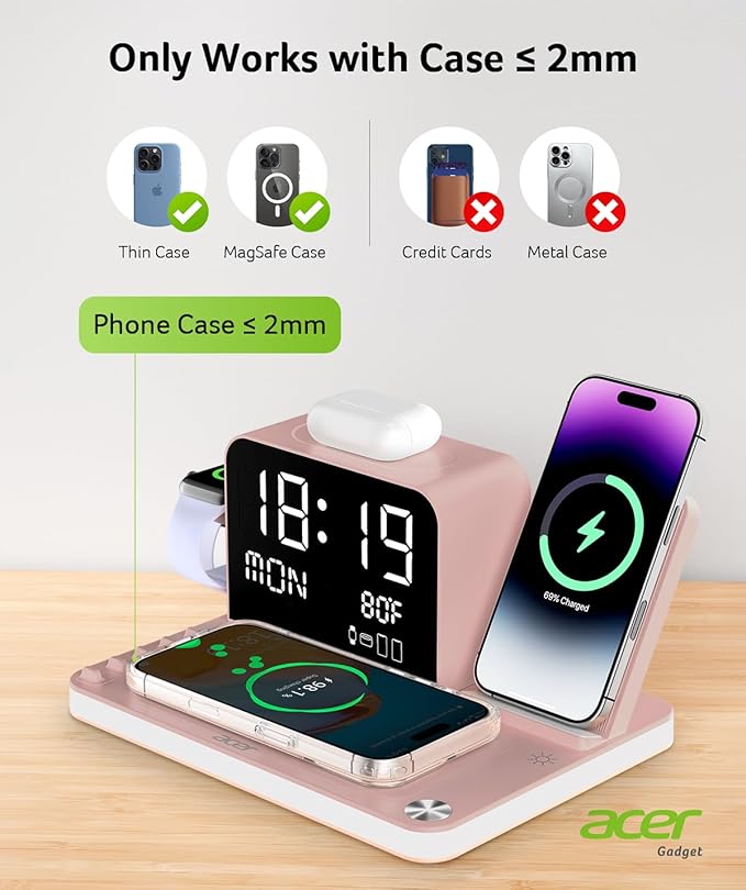 Acer 7-in-1 Wireless Charging Station with LED Clock - 30W Fast Wireless Charger for iPhone 16/15/14/13/12/Pro Max, Apple Watch, AirPods - Bluetooth Auto Time Sync & Night Lights (Pink)