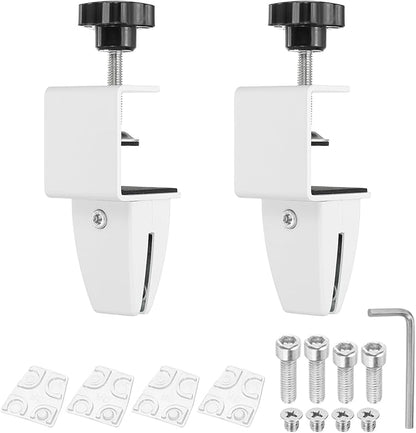 PATIKIL 2 Pcs 1/8" to 1/2" Adjustable Desk Divider Partition Clips, Aluminum Sneeze Guard Support Clamps Desktop Divider Clips for Offices Stores, Counter Privacy Panel,White