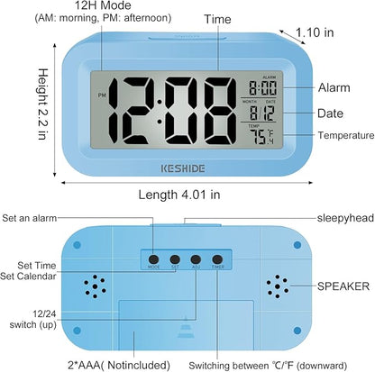 KESHIDE Travel Digital Alarm Clock Battery Operated with Indoor Temperature, Desk Small Clock,Snooze Model,12/24H Display for Bedrooms Heavy Sleepers Kids Travel Bathroom (Black)