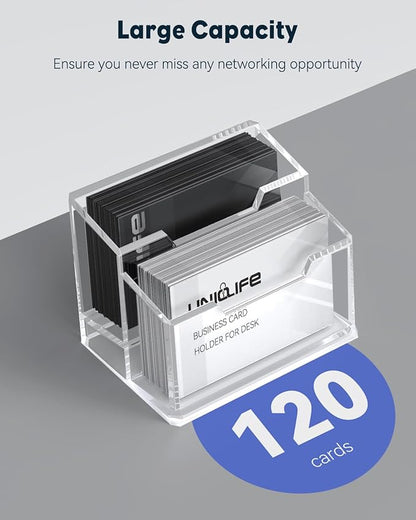 Uniclife Acrylic Business Card Holder for Desk 2 Slots Clear Business Card Display Stand for Men & Women Desktop Business Card Organizer Card Stand for Office Home Exhibition, 120 Card Capacity