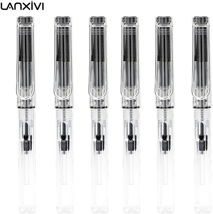 Lanxivi Yongsheng Calligraphy Fountain Pen Set Transparent Clear, 6 Assorted Tip Sizes for Art Drawing and Writing Signature