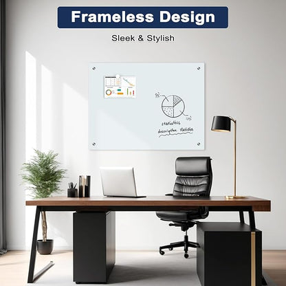 Magnetic Glass Whiteboard for Wall, 36" x 24" Glass Dry Erase Board, Large Frameless White Board for Home and Office with 1 Marker Tray - Normal White