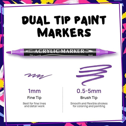60 Colors Dual Tip Acrylic Paint Markers,Fine Tip and Brush Tip Permanent Acrylic Paint Pens For Rock Painting, Canvas, Wood, Glass, Ceramic, Fabric, Plastic, Egg, Scrapbook,Art Painting Supplies Kit