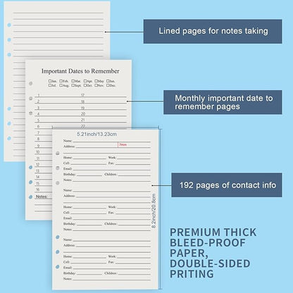 Refillable Address Book with Alphabetical Tabs, w/Pockets, 648 Large Print Telephone Birthday Email PU Leather Hardcover Durable for Women Men Seniors Home Office, 236Pages, A5, Black