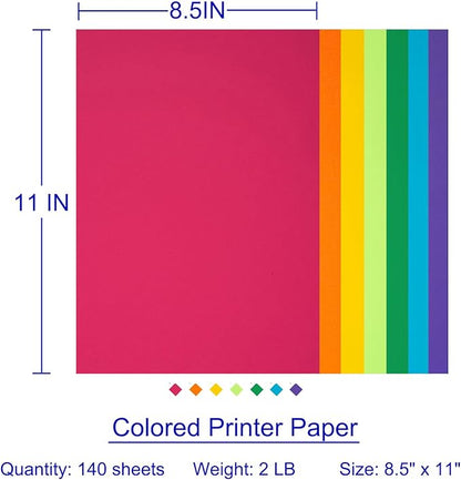 Colored Copy Paper 8.5X11 Inches,140 Sheets 20 lb/80GSM 7 Colors Rainbow Letter Size Printer Multipurpose Paper for Office School Education Daily Printing,Document Copying,Study