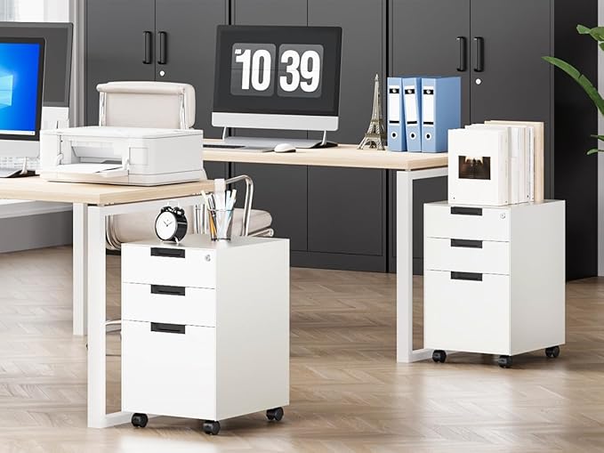 MIIIKO 3 Drawer Filing Cabinet with Lock, Metal Vertical File Cabinets for Home Office, Full Assembled File Cabinets Under Desk, Letter/Legal/A4 File Folders Storage
