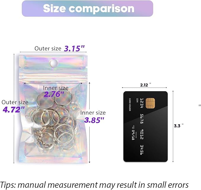 100Pcs Holographic Packaging Bags, 3.1x4.7 inch Resealable Foil Pouch Mylar Sample Bag Great for Small Business and Party Favor Food Storage……