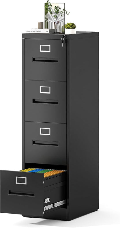 Yukimo 4 Drawer File Cabinet, Vertical File Cabinet with Lock, Metal Locking Filing Storage Cabinet for Home Office, Hanging Files for A4/ Legal/Letter, Assembly Required, Black