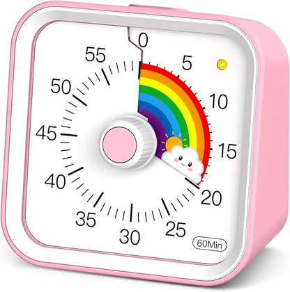 Visual Timer for Kids with Pause Function, Cute Silent Timer with Rainbow for Classroom, Teaching, Task, Kitchen, 60 Minute Countdown Time Management for ADHD (Rainbow Pink)