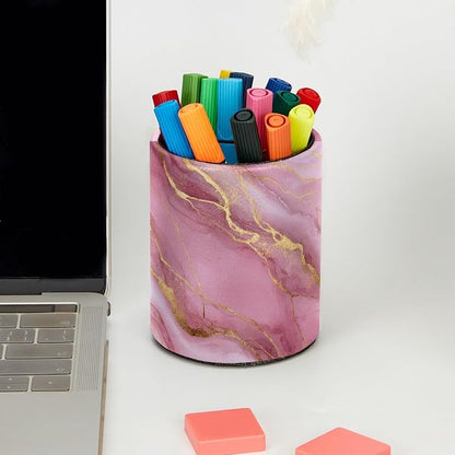 Pink Gold Marble Leather Pen Holder for Desk, Multifunctional Desktop Organizer Pencil Cup, Desktop Caddy Stationery Organizer for School Home Office Desk Accessories