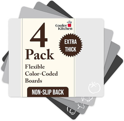 Cooler Kitchen Extra Thick Flexible Cutting Mat Set With Food Icons & EZ-Grip Back (Set Of 4 Mats) - Flexible Cutting Boards for Kitchen - Flexible Plastic Cutting Board Set (Black and White)…
