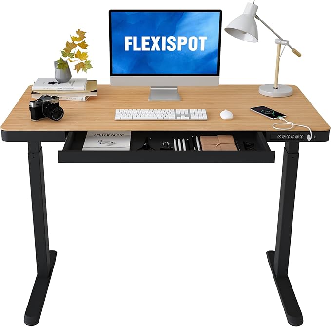 FLEXISPOT Electric Standing Desk with Drawer Storage Adjustable Height Quick Assembly Table w/USB Charge Ports (Natural Desktop + Black Frame)