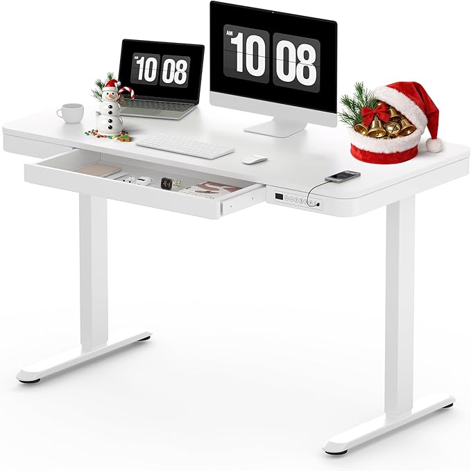 SANODESK Standing Desk with Drawer, Electric Height Adjustable Home Office Desk with Storage & USB Ports, 48 inch White Wood Tabletop/White Frame