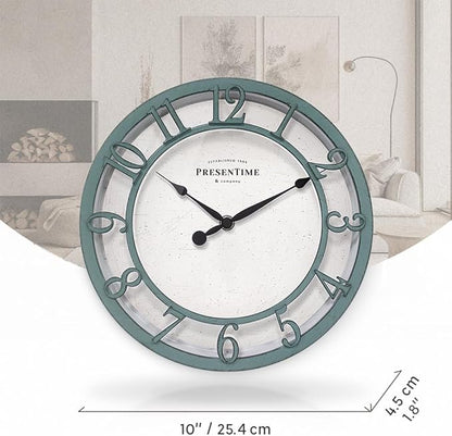Presentime & Co 10" Farmhouse Series Wall Clock, Shiplap Style, Silent No Ticking, Raised 3D Arabic Numeral, Aged Teal Finish