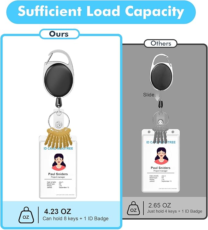 Retractable Badge Holder with Carabiner Reel Clip and Key Ring for ID Card Key Keychain Holders Black 30 Pieces