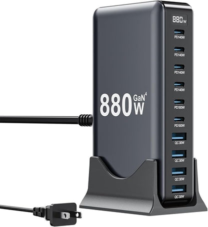 880W USB C Charger Block,10-Port USB C Charging Station GaN IV Travel Essentials Multiple Port Charging Station,100W Laptop Fast Charger Adapter for MacBook Pro/Air,DELL,iPad,iPhone,Samsung Galaxy
