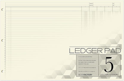BookFactory Ledger Pad/Large 5 Column Accounting Ledger Columnar (Five Columns) Pads - 17'' x 11'', 50 Pages, Notepad Landscape Format (Made in USA)