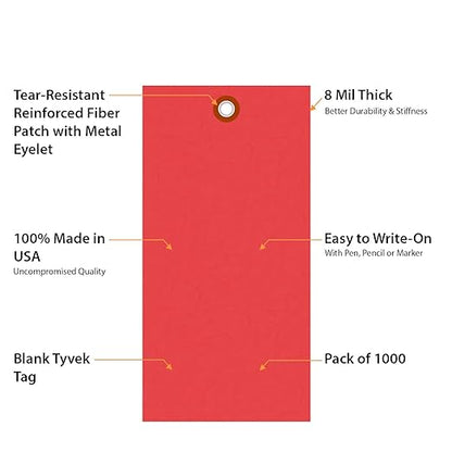 SmartSign (Pack of 1000) 6.25 x 3.125 inch “Red” Blank Tyvek Shipping Tags with Metal Eyelets, Size #8, 8 mil Thick Tyvek