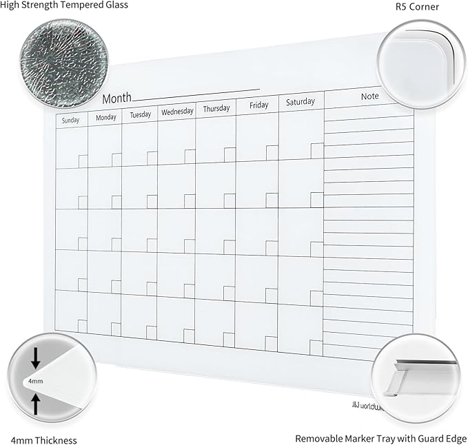 Magnetic Whiteboard Calendar, 4' x 3' Glass Wall Calendar Dry Erase Board Monthly Planner for Home, School, Office, Frameless, with Markers, Marker Tray, Eraser, Magnets