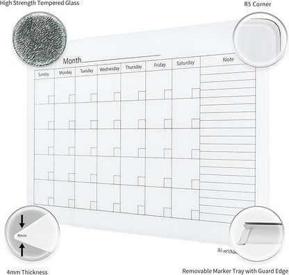 Magnetic Whiteboard Calendar, 4' x 3' Glass Wall Calendar Dry Erase Board Monthly Planner for Home, School, Office, Frameless, with Markers, Marker Tray, Eraser, Magnets