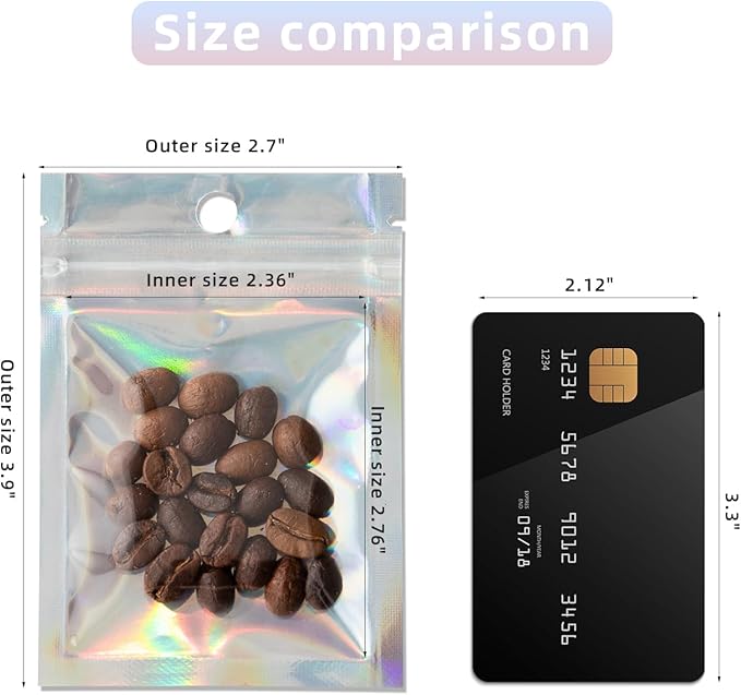 100Pcs Holographic Packaging Bags, 2.7x3.9 inch Resealable Foil Pouch Mylar Sample Bag Great for Small Business and Party Favor Food Storage Favors, Small Business Packaging