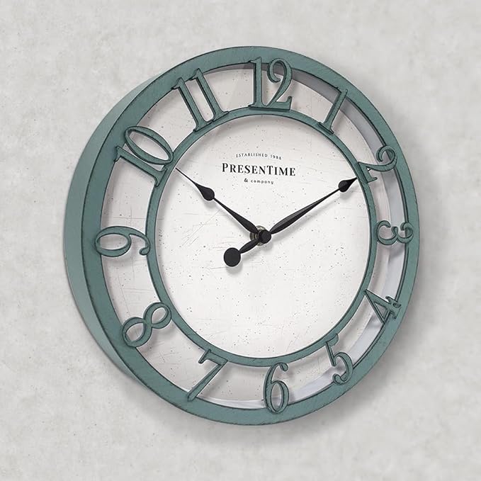 Presentime & Co 10" Farmhouse Series Wall Clock, Shiplap Style, Silent No Ticking, Raised 3D Arabic Numeral, Aged Teal Finish