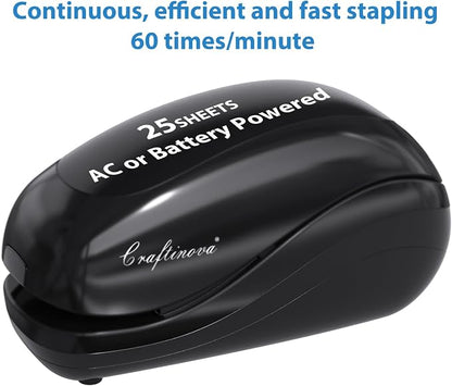 Electric Stapler,Including 2000 Staples and 1 Staple Remover, Suitable for Palm Size and high Comfort，25 Sheet Capacity, AC Adapter or Battery Powered，Battery not Included，(Black)…