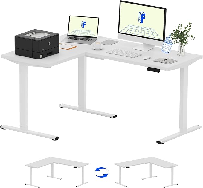 FLEXISPOT 63 x 47 Inch 3-Leg L Shaped Standing Desk, Electric Height Adjustable Sit Stand Corner Desk, Computer Workstation with Preset Controller for Home Office, White Frame with White Top