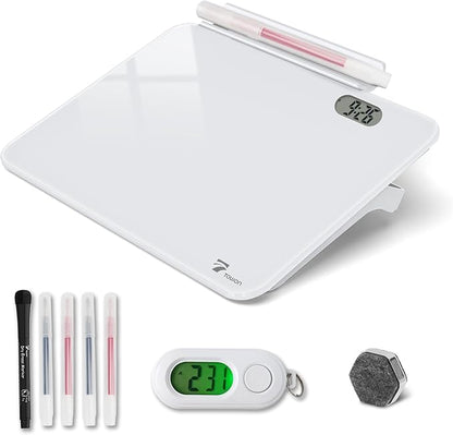 Small Glass Desk Whiteboard Dry-Erase Board with Clock, Small Travel Clock Keychain with Desk Notepad, Time Table Whiteboard for Desk Digital LED Light Display, 8x6 in with Accessories, White