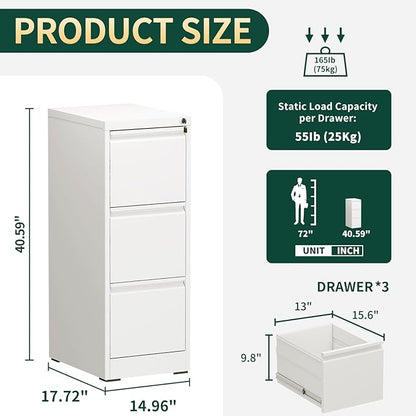 Yukimo 3 Drawer File Cabinet with Lock, Vertical File Cabinet with Lock, Locking File Cabinet Hanging Files for A4/ Legal/Letter,White