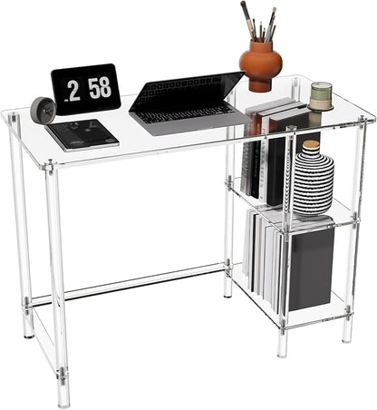 HMYHUM 40 Inch Acrylic Computer Desk with Reversible Storage Shelves, Clear Home Office Desk for Laptop, Study, Writing, Vanity Table, Modern