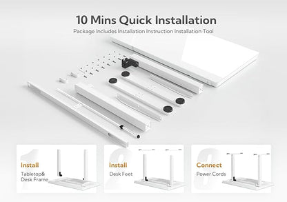 Claiks Glass Standing Desk with Drawers, 48×24 Inch Adjustable Stand Up Desk, Quick Install Home Office Computer Desk with USB Ports, White