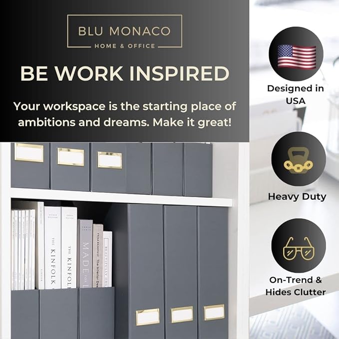 BLU MONACO | Set of 6 Foldable Grey Magazine File Holders with Gold Label Holders | Vertical File Organizer Boxes for Desk, Bookshelf & Home Office Storage