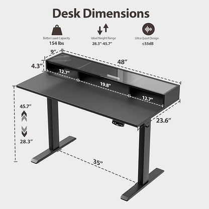 Agilestic Glass Standing Desk with Storage, 48 Inch Electric Adjustable Desk with Glass Shelf, Sit Stand Up Home Office Computer Table, Splice Board, Black
