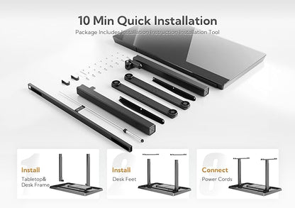 Claiks Glass Standing Desk with Drawers, 48×24 Inch Adjustable Stand Up Desk, Quick Install Home Office Computer with USB Ports, Black