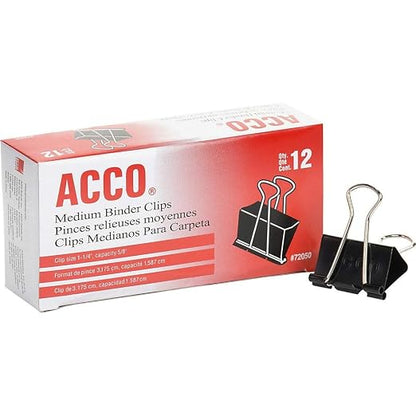 Acco 72050 Medium Binder Clips, 1-1/4-Inch W, 5/8-Inch Cap, Blk/Silver, Sold as 1 Dozen