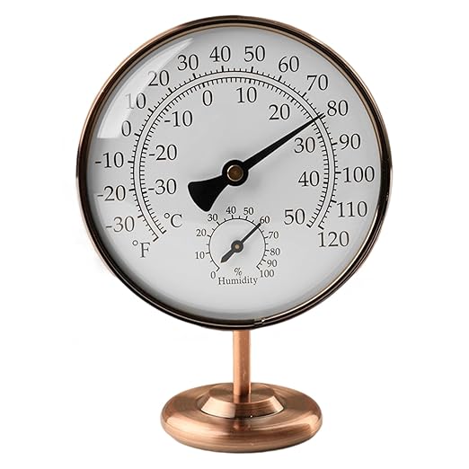 Foxyoo 4-Inch Indoor Thermometer and Humidity Gauge, Room Analog Temperature and Humidity Monitor, Dual Scale Display, Brass Dial with Stand, Battery-Free for House, Home, Desk, Bedroom, Garage, RV
