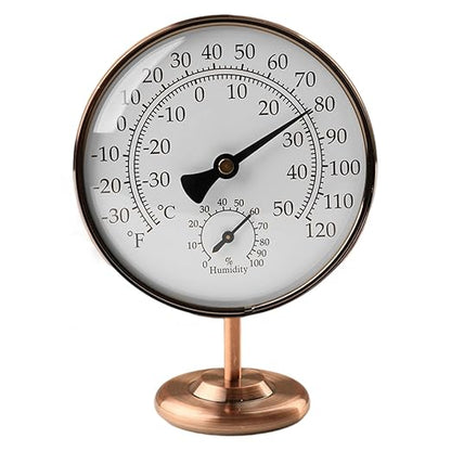 Foxyoo 4-Inch Indoor Thermometer and Humidity Gauge, Room Analog Temperature and Humidity Monitor, Dual Scale Display, Brass Dial with Stand, Battery-Free for House, Home, Desk, Bedroom, Garage, RV