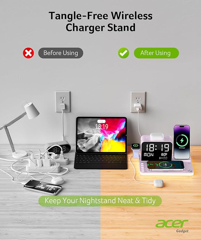 Acer 7-in-1 Wireless Charging Station with LED Clock - 30W Fast Wireless Charger for iPhone 16/15/14/13/12/Pro Max, Apple Watch, AirPods - Bluetooth Auto Time Sync & Night Lights (Purple)