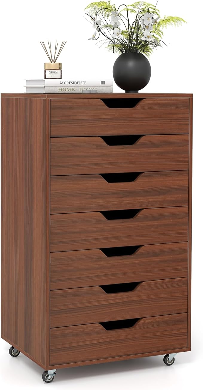 Giantex 7-Drawer Storage Cabinet, Mobile File Organizer with 4 Universal Casters, Wooden Vertical Filing Cabinet on Lockable Wheels for Office, Study, Living Room (19” x 15.5” x 34.5”,Walnut)