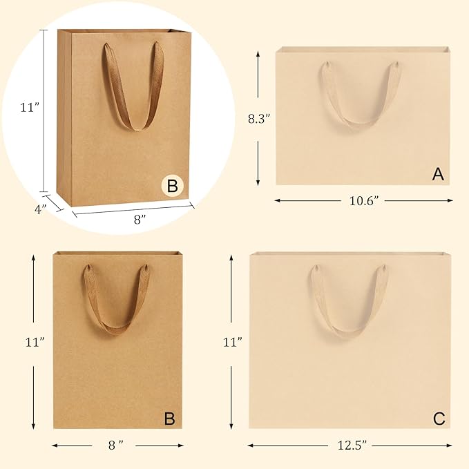 BagDream Brown Gift Bags with Handles 8x4x11 Inch 50pcs Brown Kraft Paper Bags Bulk, Medium Birthday Wedding Party Shopping Retail Merchandise Paper Sacks
