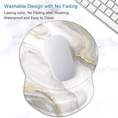 ITNRSIIET Ergonomic Mouse Pad with Gel Wrist Support Small Wrist Rest Smooth Surface Non-Slip PU Base Comfortable Office Supplies Pain Relief, 8.7 x 7.2 inches, White marbling
