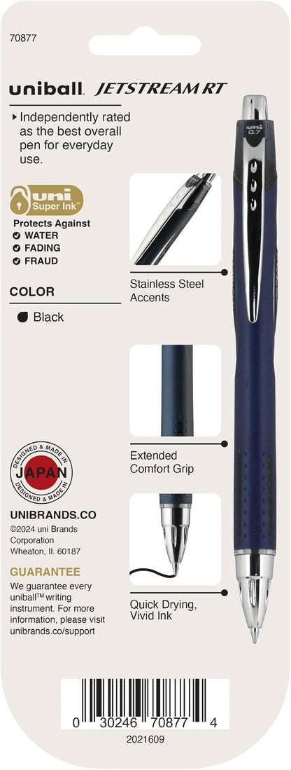 uniball™ Jetstream RT Ballpoint Pens, Black Ink, 0.7mm Fine Point, 3 Count | Retractable, Smooth Writing, Quick-Drying, Smear-Resistant, uni Super Ink™