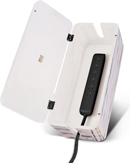 Rustic Cable Management Box & Cord Organizer- Cable Organizer for Desk, Home, Office. Hides Wires, Surge Protectors, Power Strips. Eco Friendly Mango Wood Cord Management Solution (Rustic White)