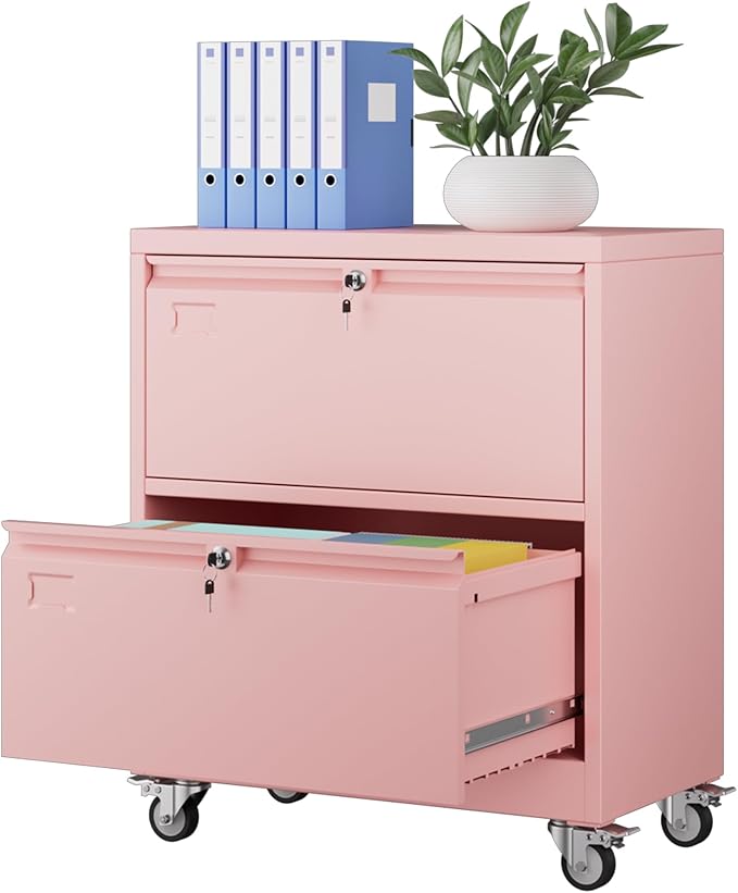 METAN Upgrade 2 Drawers Lateral File Cabinet on Wheels,Steel Office Filing Storage Cabinet with 2 Locks,Assembly Required,Pink