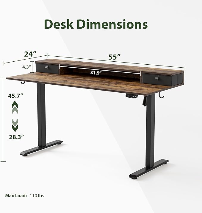Agilestic 55 x 24 Inches Height Adjustable Electric Standing Desk with 2 Drawers, Stand Up Electric Desk Adjustable Height, Sit Stand Computer Gaming Table with Splice Board, Rustic Brown