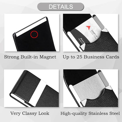 DMFLY Business Card Holder with Ultra Slim Design, Business Card Case with Premium PU Leather, Suit Pocket Metal Card Holder for Women/Men, Magnetic Closure Quick Access Cards, Small and Easy to Carry