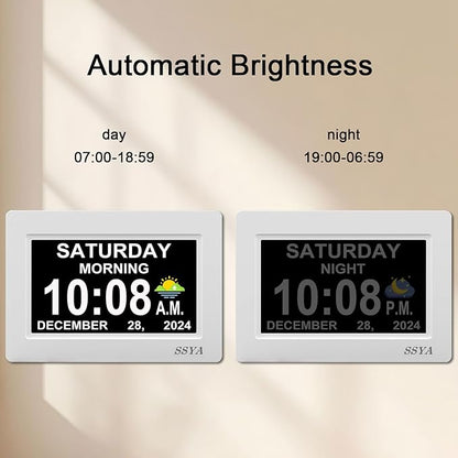 SSYA Digital Calendar Alarm Clock - Dementia Clocks for Seniors, Non-Abbreviated Memory Loss Clock with Date and Time for Elderly (White)